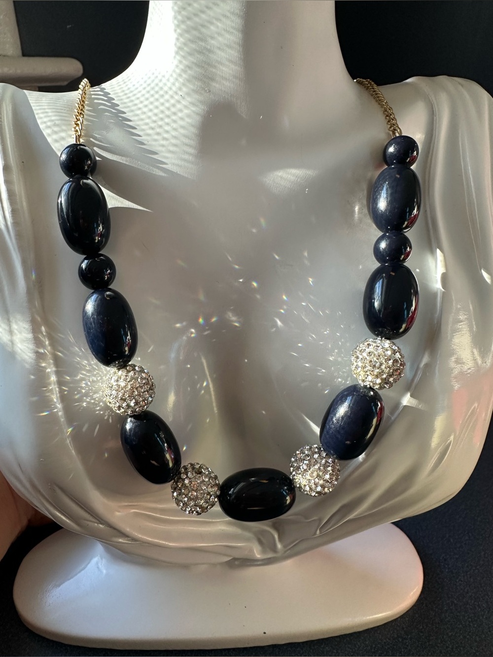 J CREW Statement Navy Blue Beaded Necklace with Rhinestone Accent